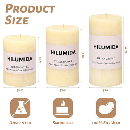 Ivory Pillar Candles Set of 3 - Hand-Poured Unscented Candles,Smokeless Dripless Candles for Dinner Table and Home, Set of 3 in Different Sizes (3"x4", 3"x5", 3"x6")