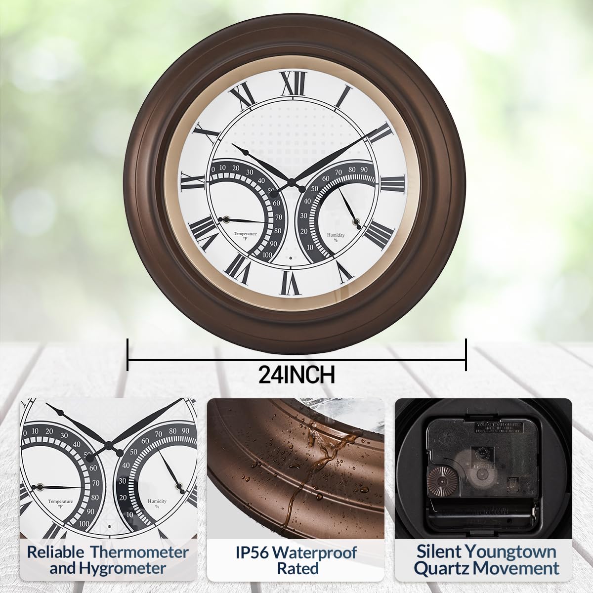 ANDY STAR 24 Inch Outdoor Clocks Waterproof,Large Outdoor Wall Clocks for Patio with Thermometer Combo, Silent Weatherproof Illuminated Metal Clock Battery Operated with Thermometer&Hygrometer, Bronze
