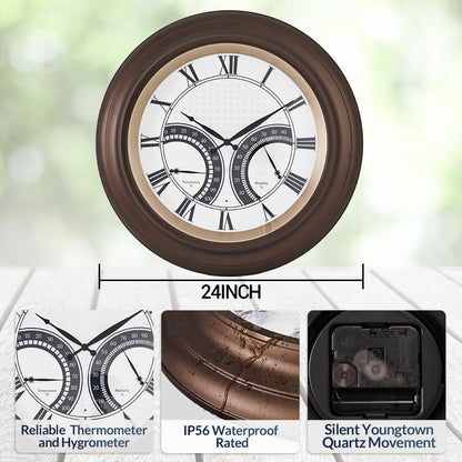 ANDY STAR 24 Inch Outdoor Clocks Waterproof,Large Outdoor Wall Clocks for Patio with Thermometer Combo, Silent Weatherproof Illuminated Metal Clock Battery Operated with Thermometer&Hygrometer, Bronze
