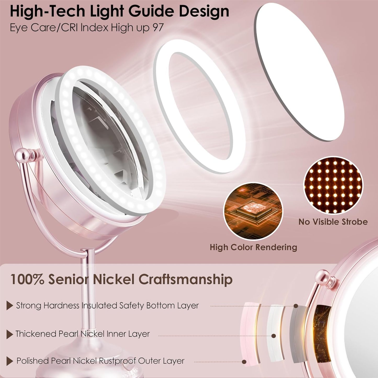 Professional 8.5" Large Lighted Makeup Mirror with Brighter Lights, 1X/10X True HD Magnifying Mirror with 3 Color Dimmable Lights, 90 Shadowless LEDs, 360°Swivel Seamless Vanity Mirror, Pearl Nickel