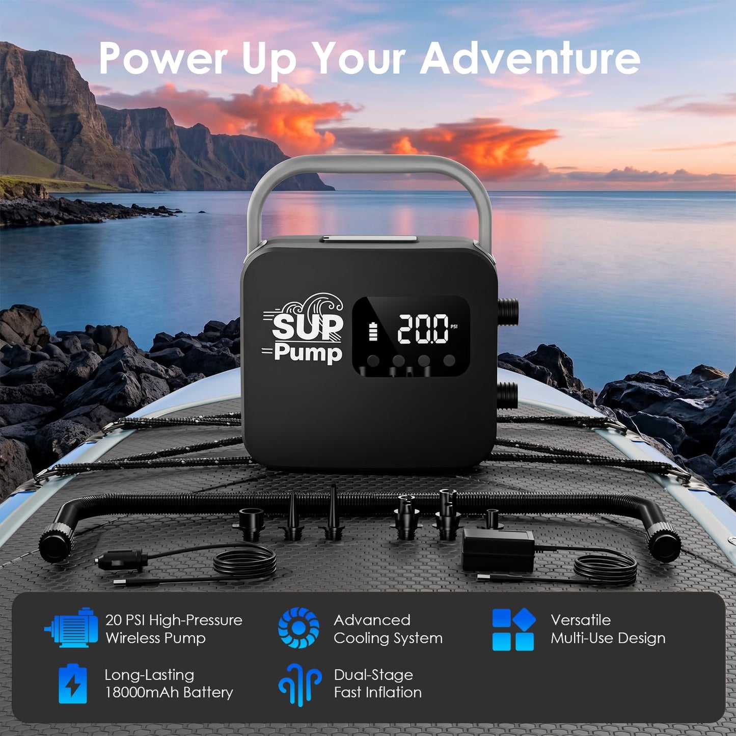 Paddle Board Electric Pump, Inflates 7 Boards on 18000mAh Battery, 20PSI Max Auto-Off, 5V/2A USB Port for Phone, Fast Inflation & Deflation for SUP Boat Pool Float-Black