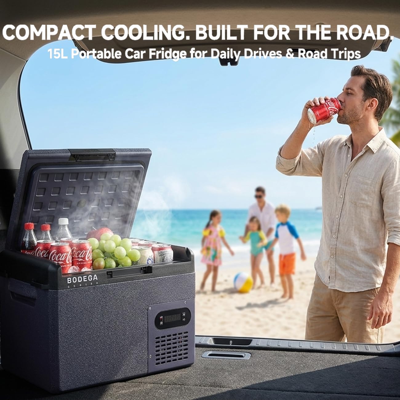 BODEGA 12 volt Car Refrigerator – 16QT Portable， Low Noise, Fast Cooling with LED Display, Multiple Charging Options, Energy-Efficient for Road Trips & Outdoor Adventures