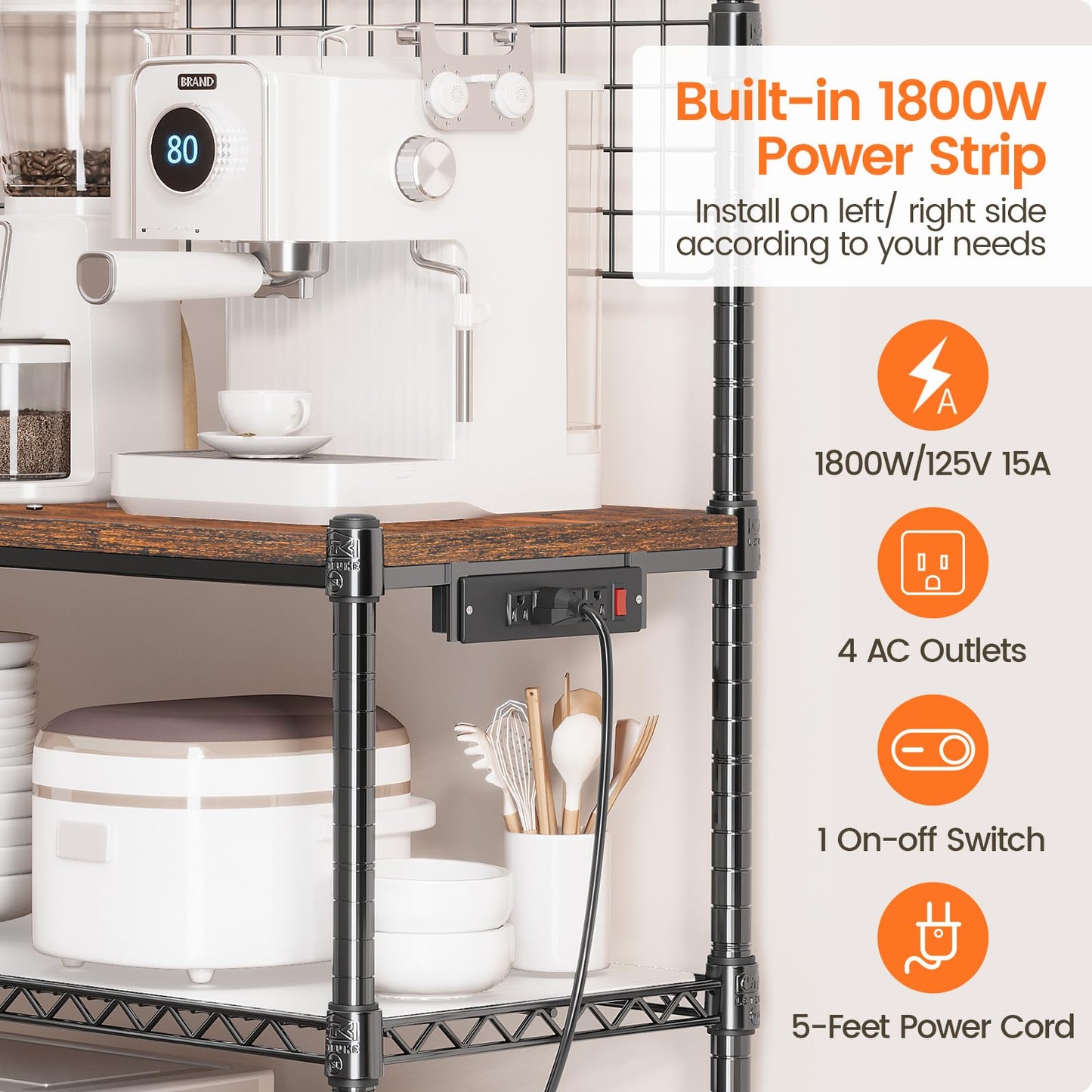 Leteuke Bakers Rack with Power Outlet & Storage, 36 Inch Microwave Stand Kitchen Cart, 4-Tier Metal Kitchen Shelves Cart with Wheels & 20 S-Hooks for Kitchen, NSF Certified, 63 x 18 x 36 Inch-Black
