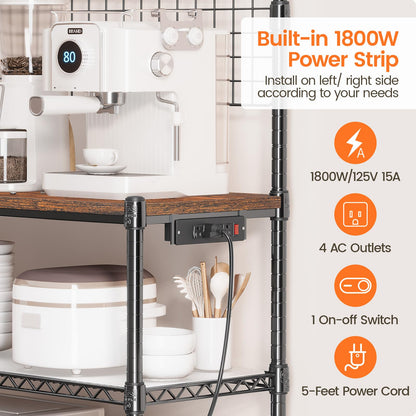 Leteuke Bakers Rack with Power Outlet & Storage, 36 Inch Microwave Stand Kitchen Cart, 4-Tier Metal Kitchen Shelves Cart with Wheels & 20 S-Hooks for Kitchen, NSF Certified, 63 x 18 x 36 Inch-Black