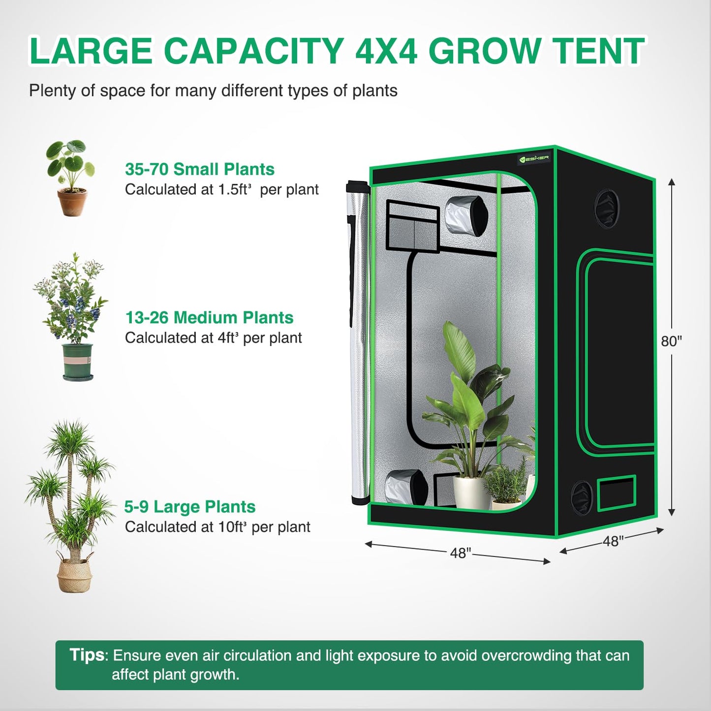 Yesker 4x4 Grow Tent 48"x48"x80" High Reflective Mylar Indoor Growing Tents 600D Oxford Cloth with Observation Window and Removable Floor Tray for Hydroponics Indoor Plants Fruit Flower Veg Growing