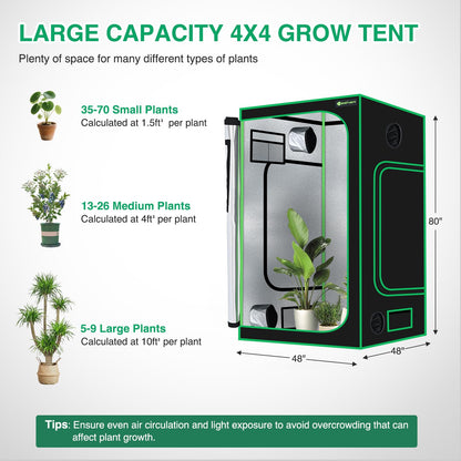 Yesker 4x4 Grow Tent 48"x48"x80" High Reflective Mylar Indoor Growing Tents 600D Oxford Cloth with Observation Window and Removable Floor Tray for Hydroponics Indoor Plants Fruit Flower Veg Growing