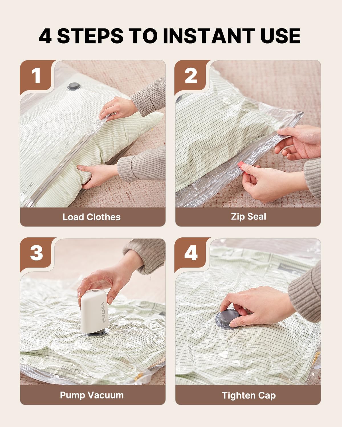 VINTAR Vacuum Seal Bags - 24 Pack Space Saver Storage with Rechargeable Cordless Pump | Ideal for Travel & Bedding