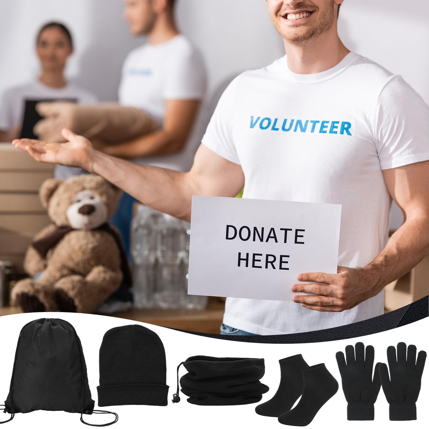 144 Pcs Homeless Care Package Supplies Bulk Winter Beanie Hats Emergency Blankets Sock Gloves Scarf Unisex Draw String Bag Winter Gloves, Scarves, Hats for Charity Church Donation Black