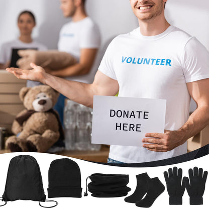 144 Pcs Homeless Care Package Supplies Bulk Winter Beanie Hats Emergency Blankets Sock Gloves Scarf Unisex Draw String Bag Winter Gloves, Scarves, Hats for Charity Church Donation Black
