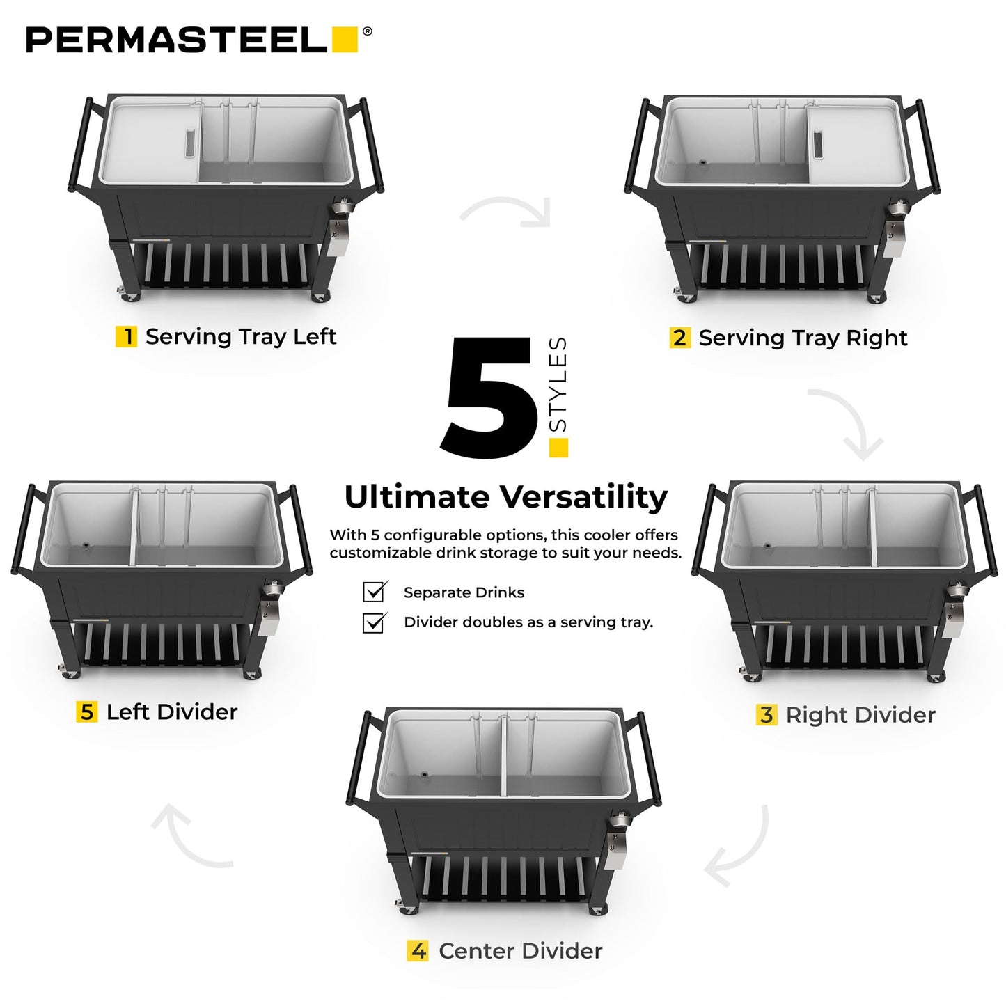 Permasteel Party Cooler with Divider, Spacious 80-Qt Capacity, Chills 36hrs, Serving Tray, Rolling Ice Chest for Indoor and Outdoor Entertainment, Matte Black