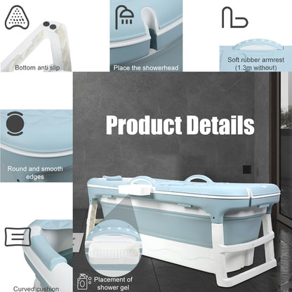 Fukursul 50" Large Folding Bathtub for Adults – Portable PP Tub with Back Cushion, Storage Basket & Thermal Cover, for Hot Bath or Ice Plunge (Blue-5, 50in)