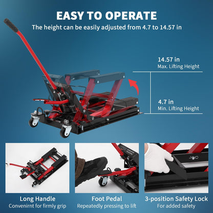 Hydraulic Motorcycle Lift Jack, 1500LB Capacity Scissor Jack for Dirt Bikes & ATVs, 4.7-14.57 Inch Lift Height, Non-Slip Platform & 360° Swivel Casters, Black Garage Lift