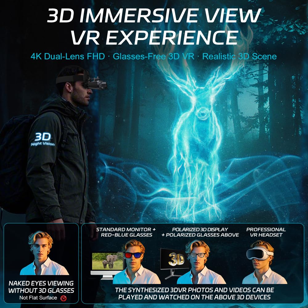 GOWWPUN 3D VR Night Vision Goggles - Rechargeable Head Mounted Binoculars, Built-in Giant Screen, 4K Video, 24MP Photos, 6X Digital Zoom, Includes 32GB TF Cards