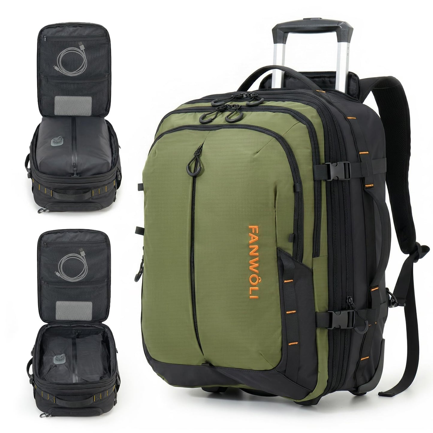 Fanwoli Rolling Vacuum Backpack Travel with One-Button Compression, 55L Expandable, Water Resistant Carry-On Suitcase Luggage, Ideal for Outdoor/Family/Trips
