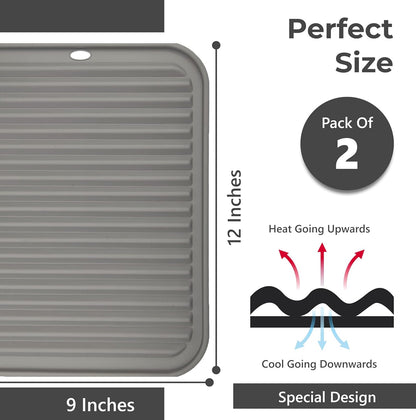Skiennix Silicone Trivets - Heat-Resistant Pot Holders for Kitchen | 2 Pack, 9 x 12 Inch, Grey