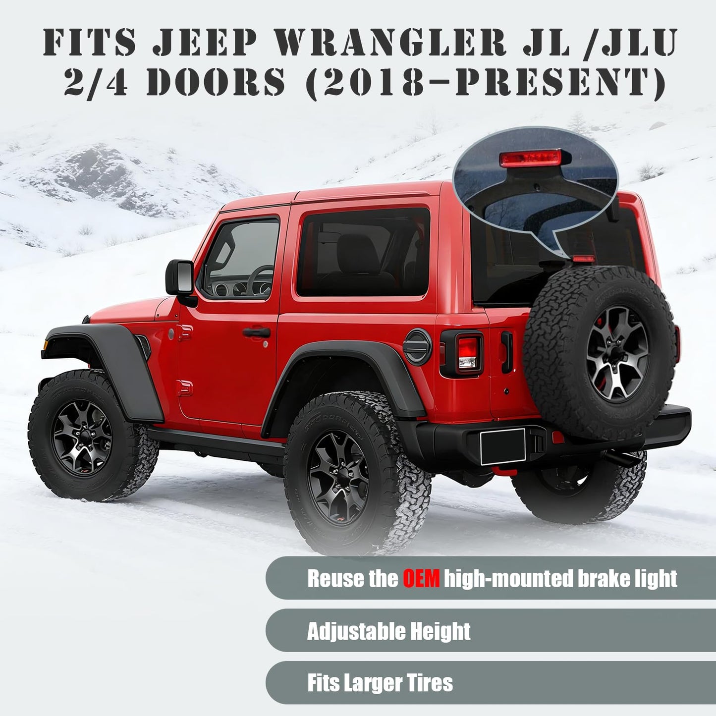 KLYONA for Wrangler JL Adjustable Spare Tire Carrier Compatible with 2018-2026 Jeep Wrangler JL JLU, up to 40 inches Tire Lift with Third Brake Light & Rear-View Camera Slot (Camera not Included)