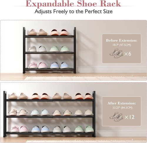 Bumusty Expandable Shoe Rack - 3-Tier Adjustable Organizer for Small Spaces | Sturdy Metal, Black (18"-33")