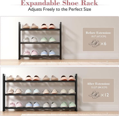Bumusty Expandable Shoe Rack - 3-Tier Adjustable Organizer for Small Spaces | Sturdy Metal, Black (18"-33")