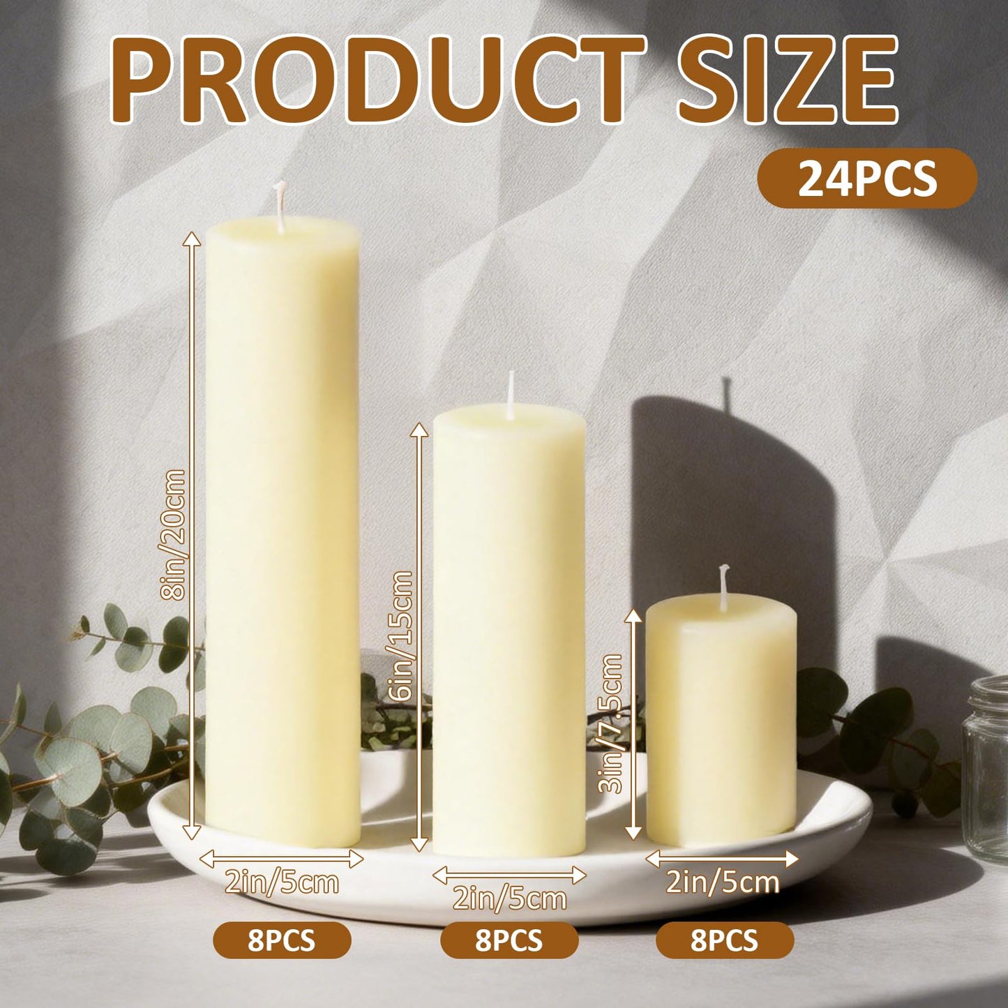 CHICERA 24-Pack Ivory Unscented Pillar Candle Set - 2x3, 2x6, 2x8-inch Long-Burning Drip-Free Tapers, 8 Per Size. Ideal for Home Decor, Weddings, Emergencies, and Holidays.