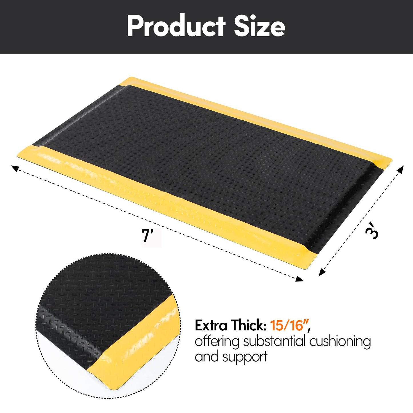 ISXACFF Anti Fatigue Mats Industrial 3' x 7' 15/16" Thick Ergonomic Standing Mat Commercial Kitchen Mat Heavy Duty Diamond Plate Shop Floor Mat Helps Relieve Back and Leg Soreness