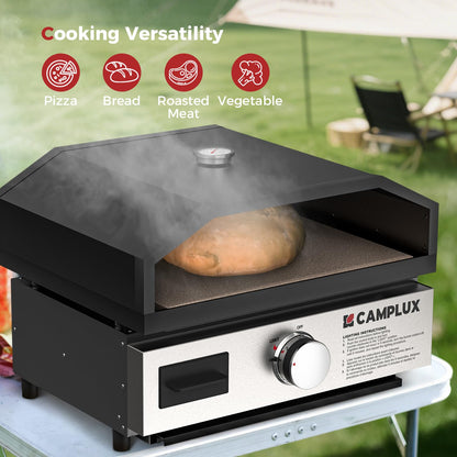 CAMPLUX Portable Propane Grill & Pizza Oven Combo, 11,000 BTU Tabletop Gas Griddle with 17" Pizza Oven Kit and Cordierite Stone, Compact Outdoor Mini Oven for Crispy Pizza, Camping, RV & Tailgating
