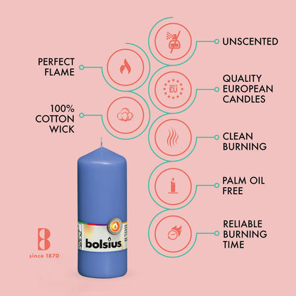 BOLSIUS 10 Blue Pillar Candles - 2.25 x 6 Inches - Premium European Quality - Individually Wrapped - 42 Hours Burn Time - Dripless Smokeless Unscented Dinner, Wedding, Party, & Restaurant Candles