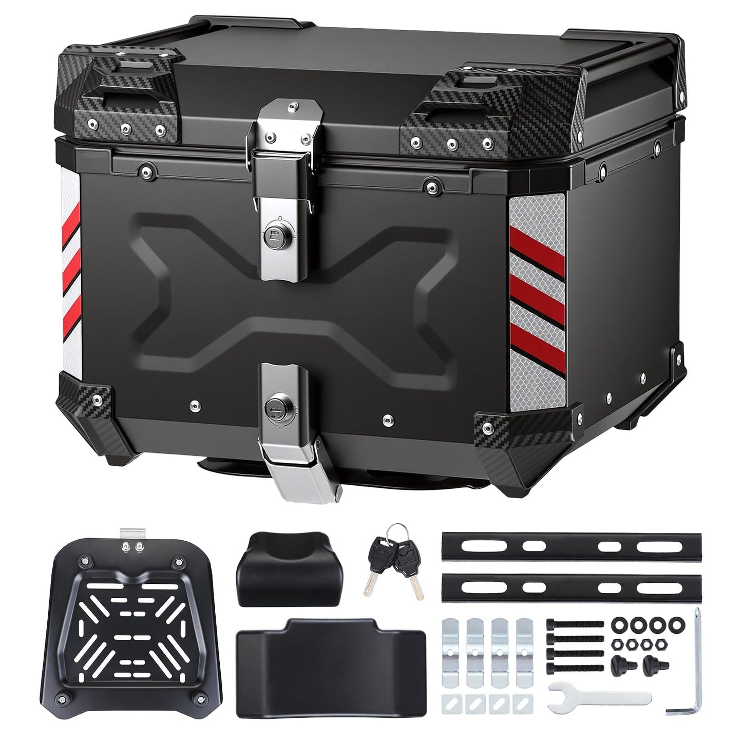 KEMIMOTO Motorcycle Top Case 56L, Universal Aluminum Alloy Motorbike Tail Box with Leather Lining, Waterproof Detachable Motorcycle Top Box with Lock & Back Cushion