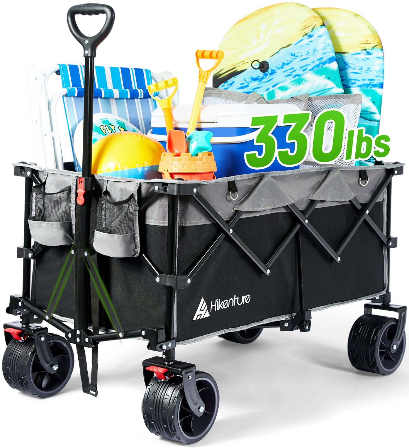 Hikenture Collapsible Wagon Cart, 330lbs Capacity Beach Wagons with Big Wheels for Sand, Heavy Duty Foldable Cart with Brakes, Portable Utility Folding Garden Cart for Outdoor