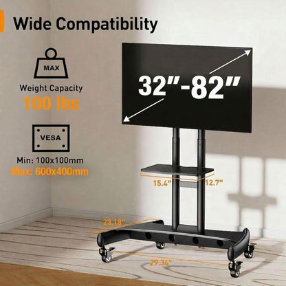 Perlegear Mobile TV Cart for 32-82 Inch Flat/Curved LED/LCD/OLED TVs Rolling TV Stand with Height Adjustable Shelf Max VESA 600x400mm up to 100lbs- Outdoor TV Stand Trolley with Wheels PGTVMC05-1