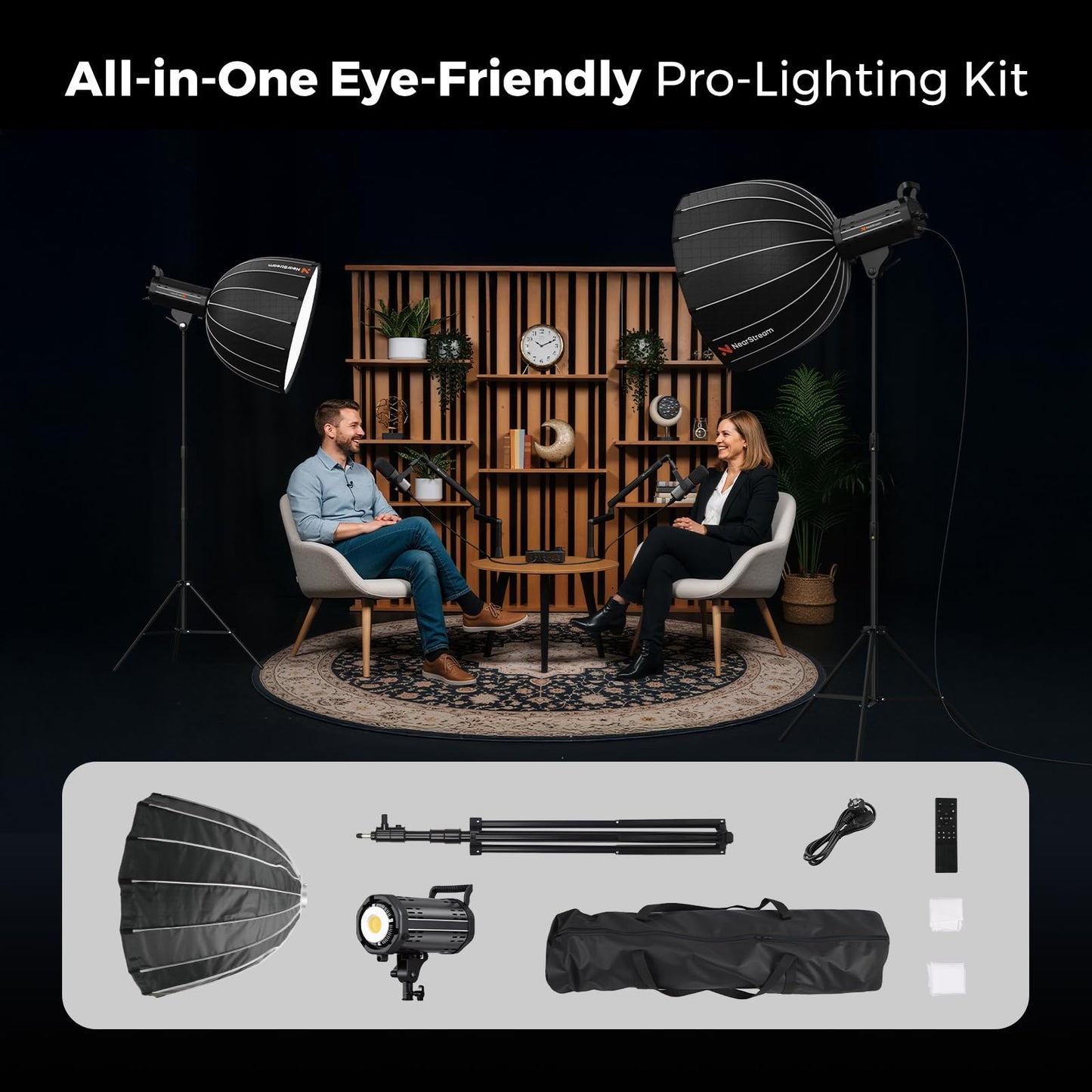 NearStream SL40 100W Softbox Lighting Kit with Tripod, 110'' Adjustable Stand, 27.6'' Softbox, 2700K–6500K Dimmable LED Studio Light, CRI 97+, Remote & App Control for Live Streaming and Video Record