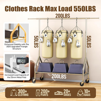 Okmeilnk Heavy Duty Clothes Rack Load 500 LBS,Clothes Clothing Racks for Hanging Clothes with Lockable Wheels & Stable Shelves, Rolling Garment Wardrobe Portable Closet Rack,Sliver