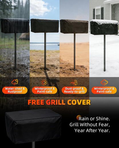 Charcoal Grill, Park Style Charcoal Grill, 30" x 17" Heavy Duty BBQ Grill Charcoal, Adjustable Single Post Barbeque Grill for Camping, Outdoor Cooking, Backyard, Patio, Camp Grilling Barbecues Cookout