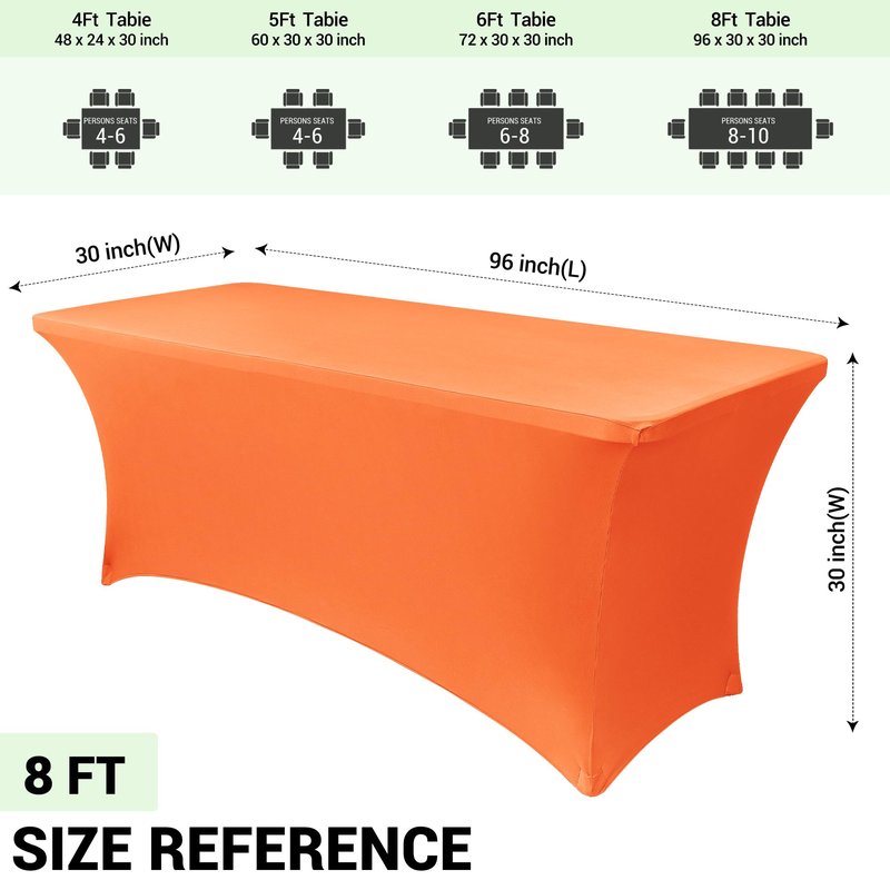 Obstal 8Ft Stretch Spandex Table Cover for Standard Folding Tables - 2 Pack Universal Rectangular Fitted Tablecloth for Party, Banquet, Events, Trade Show (Orange, 96L x 30W x 30H Inches)