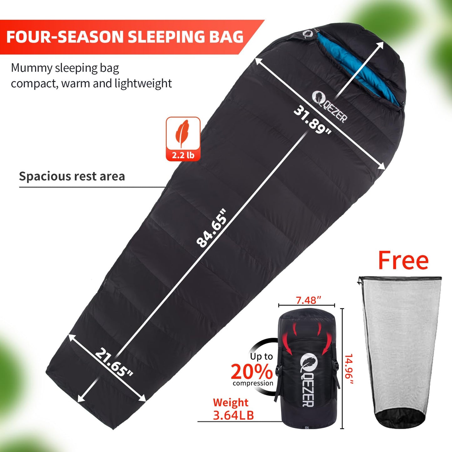 QEZER 0°F Cold Weather Sleeping Bag for Adults, Lightweight Backpacking Bag with Down Booties for Men and Women Keep Warm