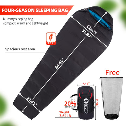 QEZER 0°F Cold Weather Sleeping Bag for Adults, Lightweight Backpacking Bag with Down Booties for Men and Women Keep Warm