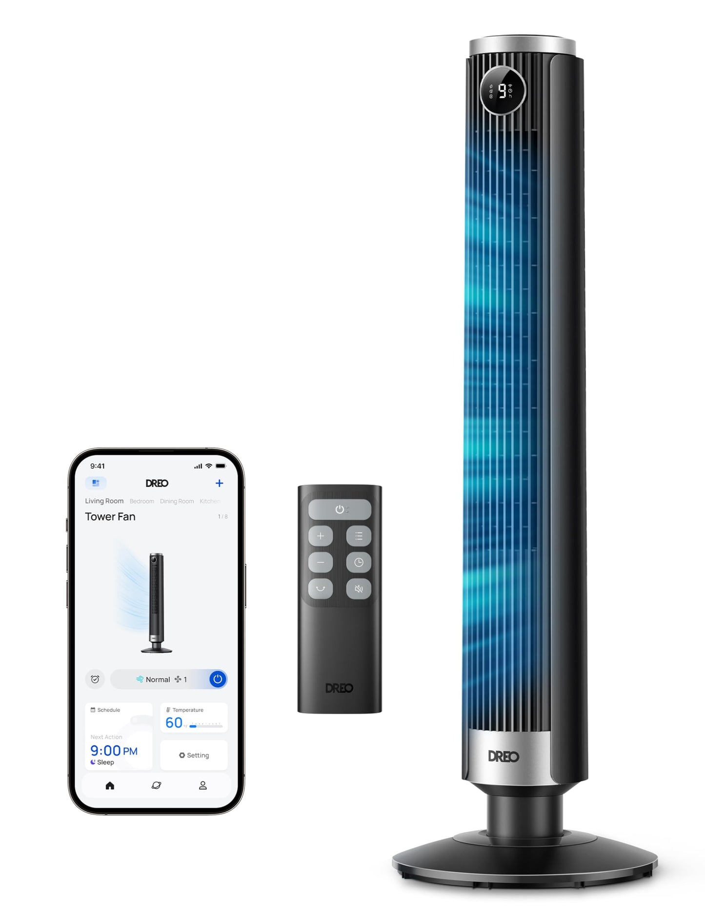 DREO Smart Tower Fan for Bedroom, 40”-45” Adjustable Height, 28 ft/s Velocity, DC Motor, 9 Speeds, 4 Modes, 90°Oscillating, Standing Fan, 20dB Quiet, 12H Timer for Home, Office, Google/Alexa, Black
