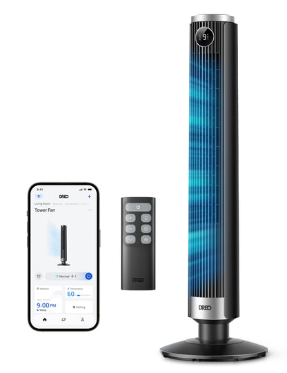 DREO Smart Tower Fan for Bedroom, 40”-45” Adjustable Height, 28 ft/s Velocity, DC Motor, 9 Speeds, 4 Modes, 90°Oscillating, Standing Fan, 20dB Quiet, 12H Timer for Home, Office, Google/Alexa, Black