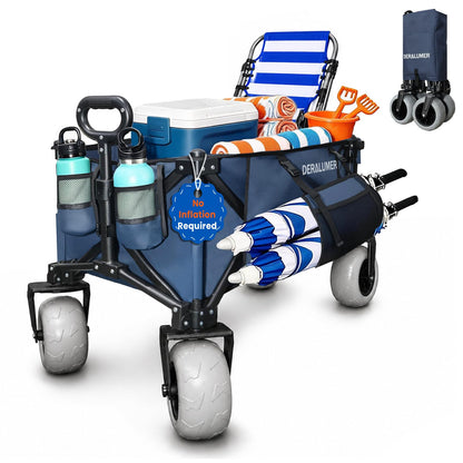 X800 Heavy Duty Beach Wagon with 9x4 Sand-Proof All-Terrain Wheels, 300L Oversized Foldable Wagon Cart with Side Bag, All-Terrain Utility Wagon for Beach Essentials, Sport, Camping（Navy Blue）