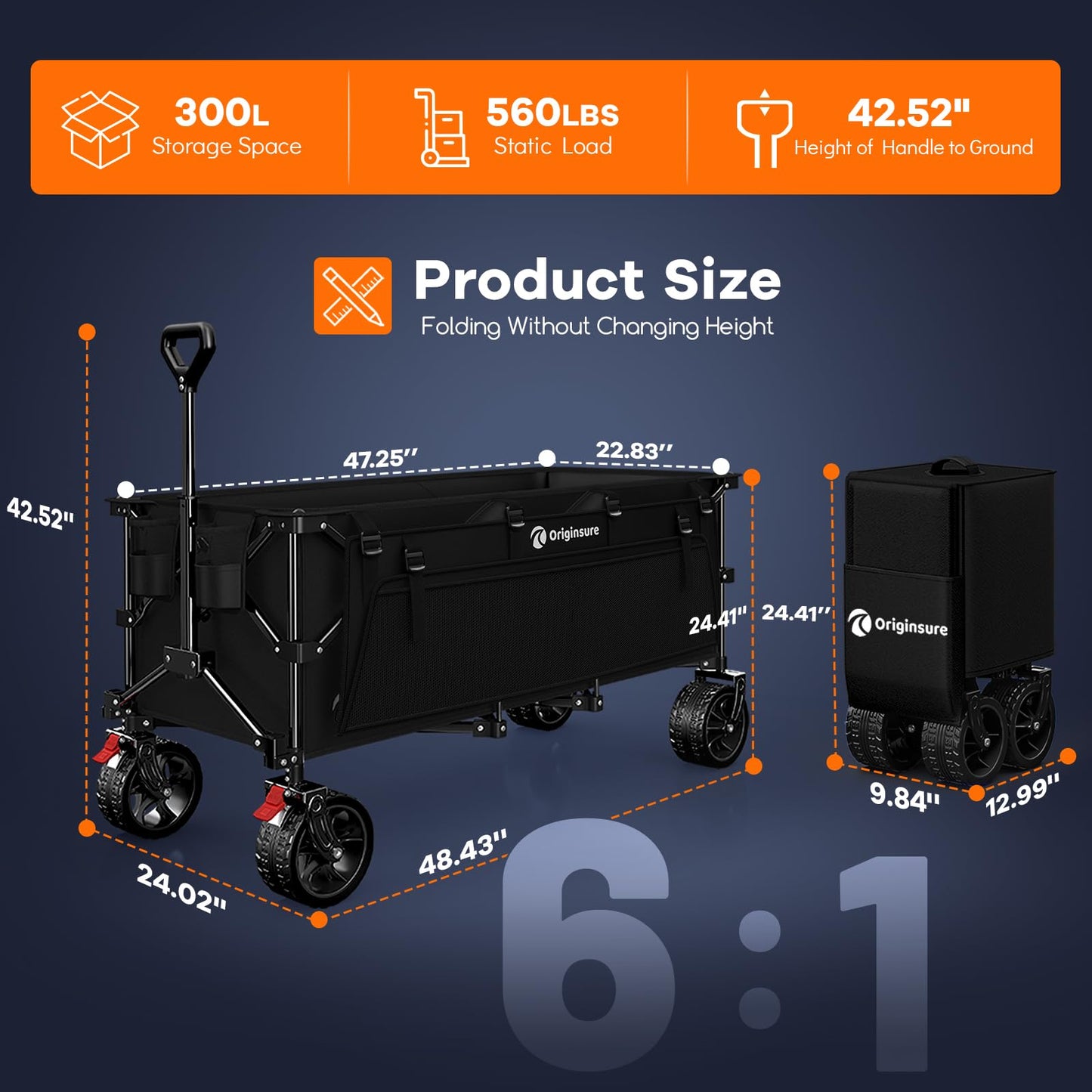 Originsure 48" L Collapsible Wagon Cart Foldable, 560lbs Weight Capacity 300L Heavy Duty Folding Beach Wagons with Big All-Terrain Wheels, Utility Carts for Groceries, Camping, Sports - Black
