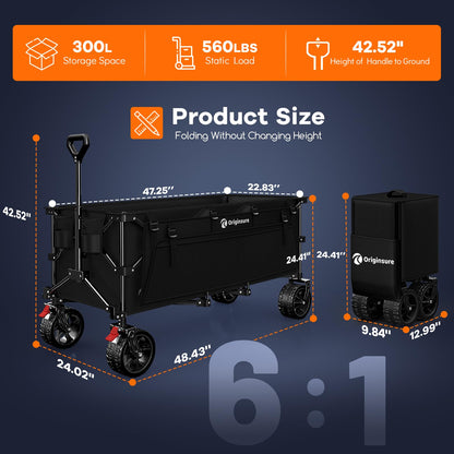 Originsure 48" L Collapsible Wagon Cart Foldable, 560lbs Weight Capacity 300L Heavy Duty Folding Beach Wagons with Big All-Terrain Wheels, Utility Carts for Groceries, Camping, Sports - Black