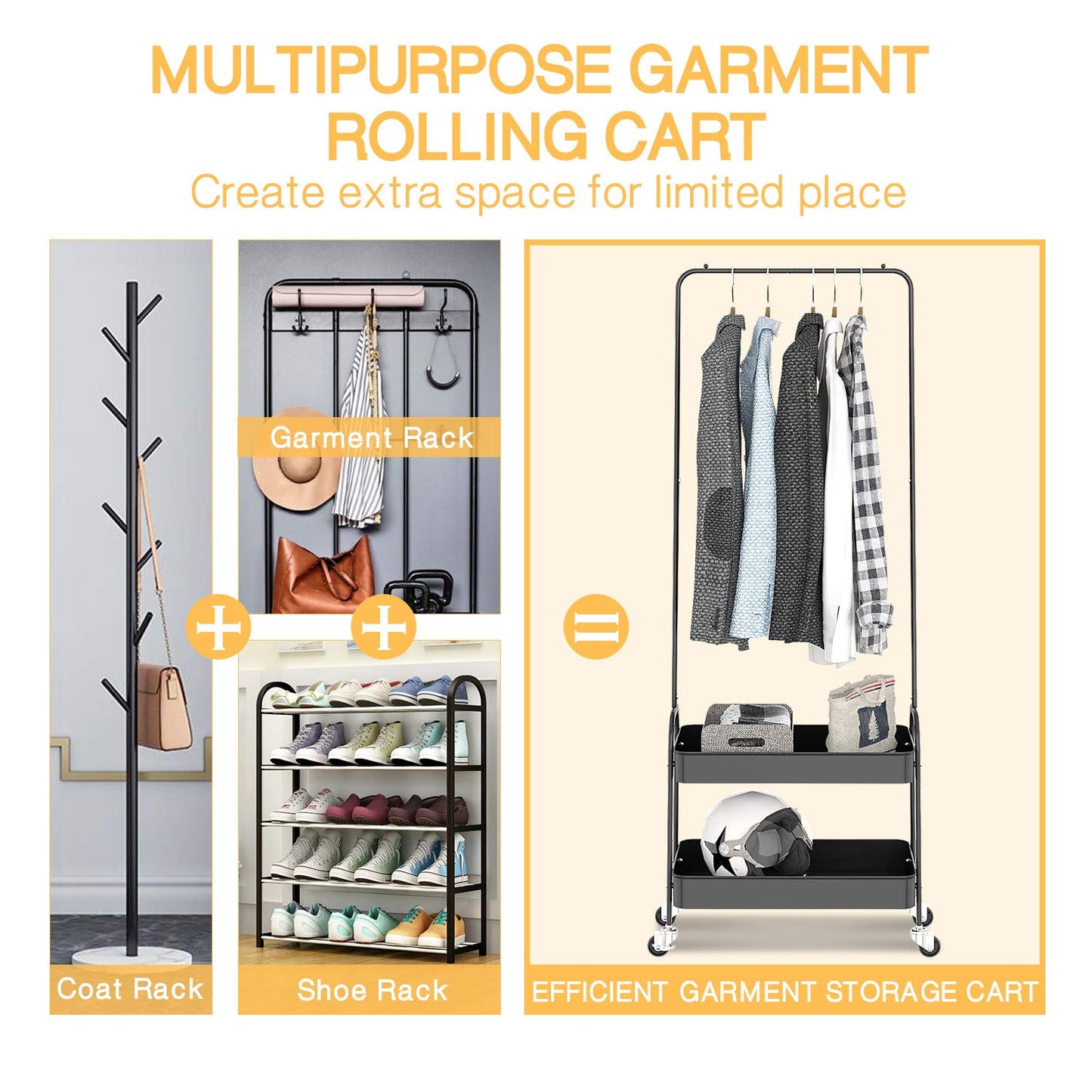 KINGRACK 2-in 1 Garment Rack, Clothing Rack with 2 Tier Metal Basket, Rolling Storage Cart Clothes Organizer Coat Rack Storage Stand on Wheels, for Home Bedroom Laundry Small Place Entryway, Black