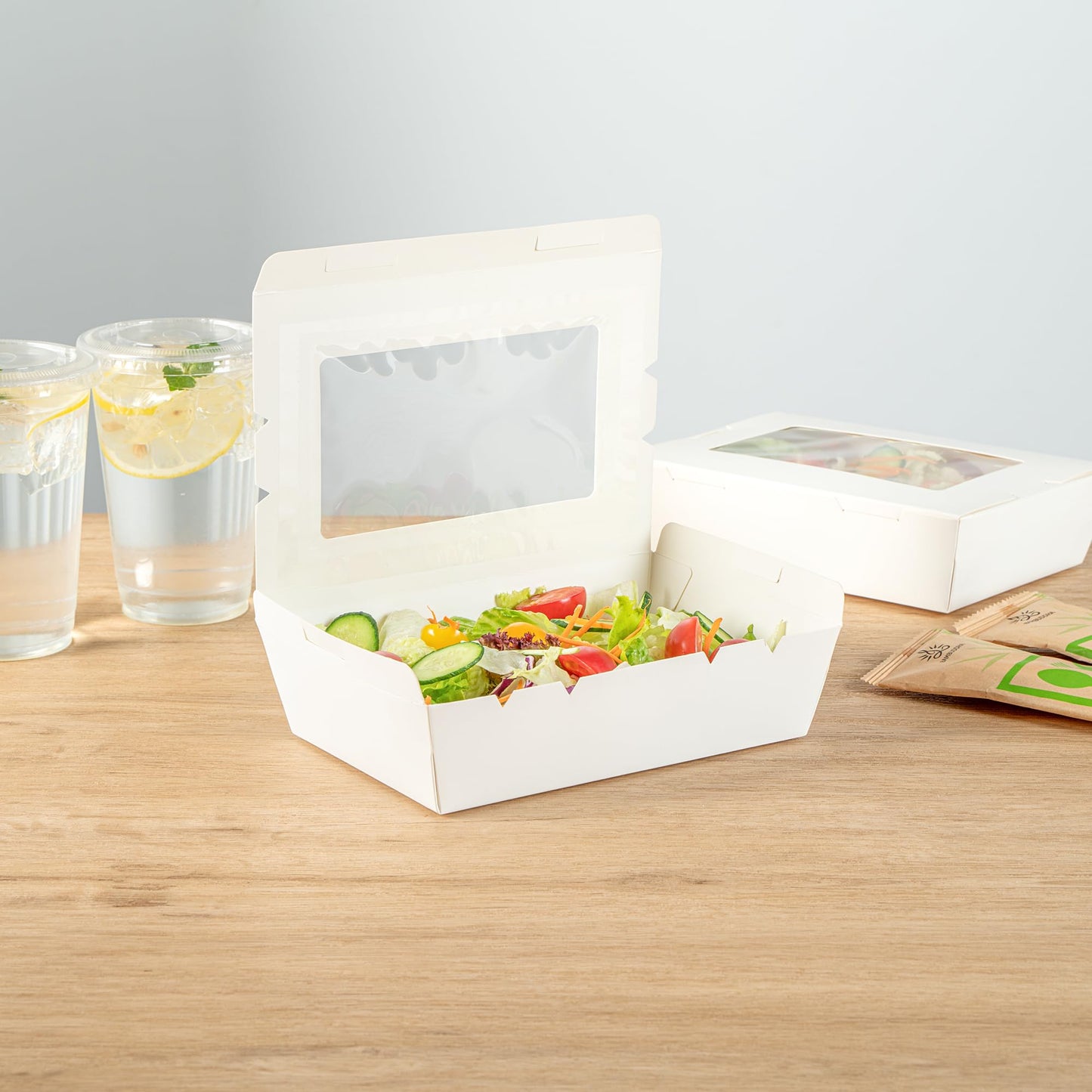 Restaurantware, Cafe Vision 42 Ounce Disposable To Go Boxes 200 Paper Boxes For Food - Hinge Lock Grease-Impervious White Paper Take Out Food Containers With Window For Lunch Or Desserts