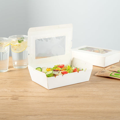 Restaurantware, Cafe Vision 42 Ounce Disposable To Go Boxes 200 Paper Boxes For Food - Hinge Lock Grease-Impervious White Paper Take Out Food Containers With Window For Lunch Or Desserts