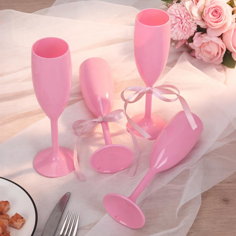 KUK 10 Pack Plastic Pink Champagne Flutes Acrylic Champagne Glasses Wedding Toasting Goblet with Satin Ribbon Nano Tape Reusable Unbreakable Champagne Cups for Bachelorette Bridal Shower Party