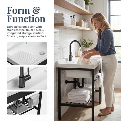 Freestanding Laundry Utility Sink, 28.3" x 19" x 32.3" Ceramic Utility Sink with Washboard Set with Bracket and Drain Kit for Laundry Room, Utility Room, Garage, Basement, Outdoor and Indoor