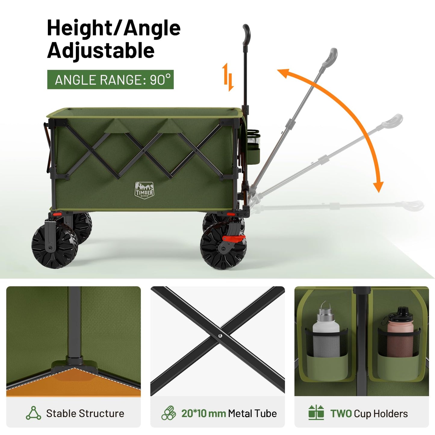 TIMBER RIDGE Outdoor Collapsible Folding Wagon with Brakes and Cup Holders, 500lbs Heavy Duty All Terrain Wheels Utility Cart for Shopping Camping Garden Sports, Green