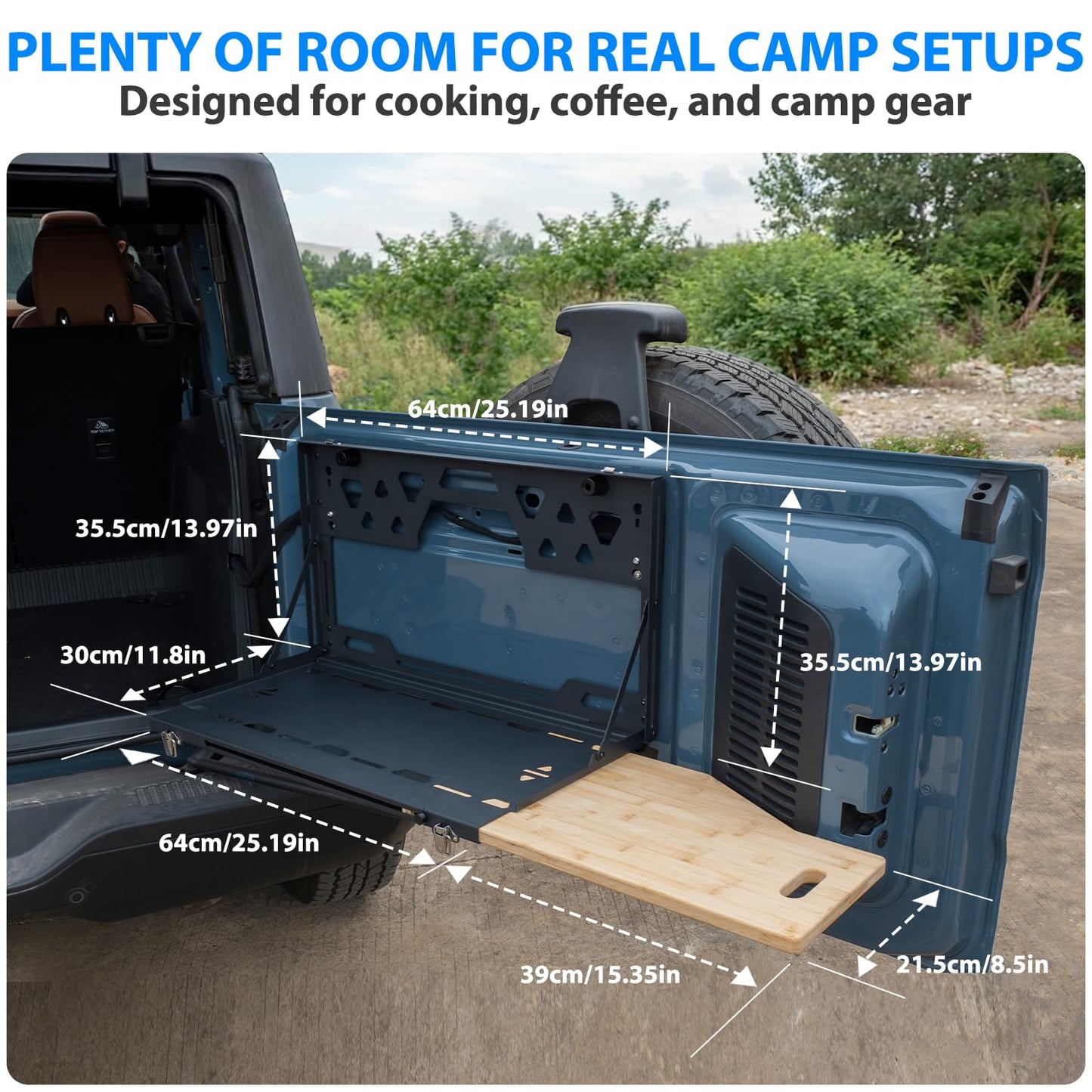 Bronco Tailgate Table for 2021-2026 Ford Bronco 2/4 Door, Foldable Rear Cargo Table & Shelf Storage with Extra Solid Bamboo Extension Board, No-Drill Install, Camping Overlanding Bronco Accessories