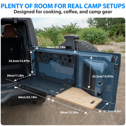 Bronco Tailgate Table for 2021-2026 Ford Bronco 2/4 Door, Foldable Rear Cargo Table & Shelf Storage with Extra Solid Bamboo Extension Board, No-Drill Install, Camping Overlanding Bronco Accessories