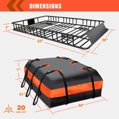 Roof Rack Carrier Carrier Basket 65"*39"*6"+Waterproof Bag 20 Cubic Feet(51"*40"*17"),and Cargo Net with Attachment Hooks,Ratchet Straps.200 Lbs Capacity,Universal Rooftop Small Size Roof Rack
