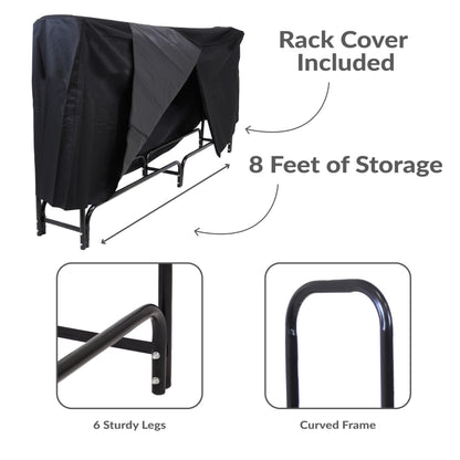 Sunnydaze 8-Foot Firewood Rack with Cover - Outdoor Wood Storage - Heavy-Duty Steel Log Holder - 1500-lb Capacity